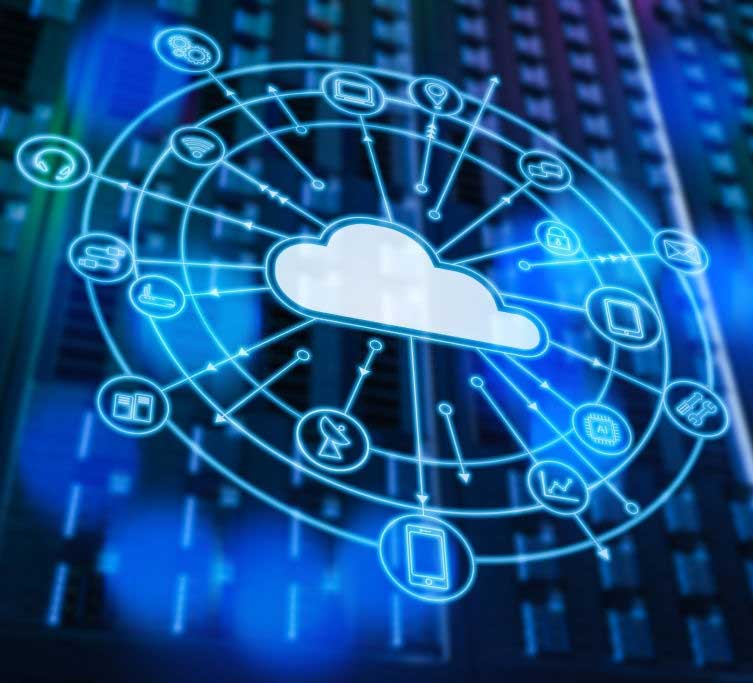 Cloud computing technology with 3d rendering server room and graphic display